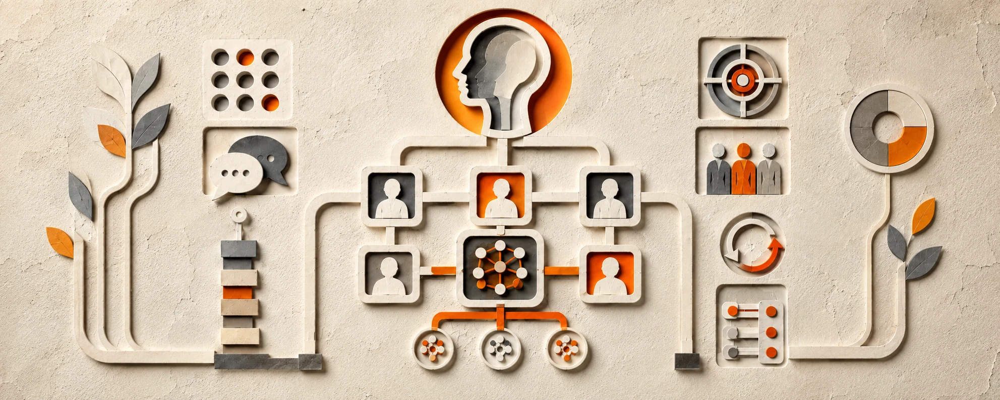 Network diagram showing a human manager connected to people, teams and clusters of AI agents.