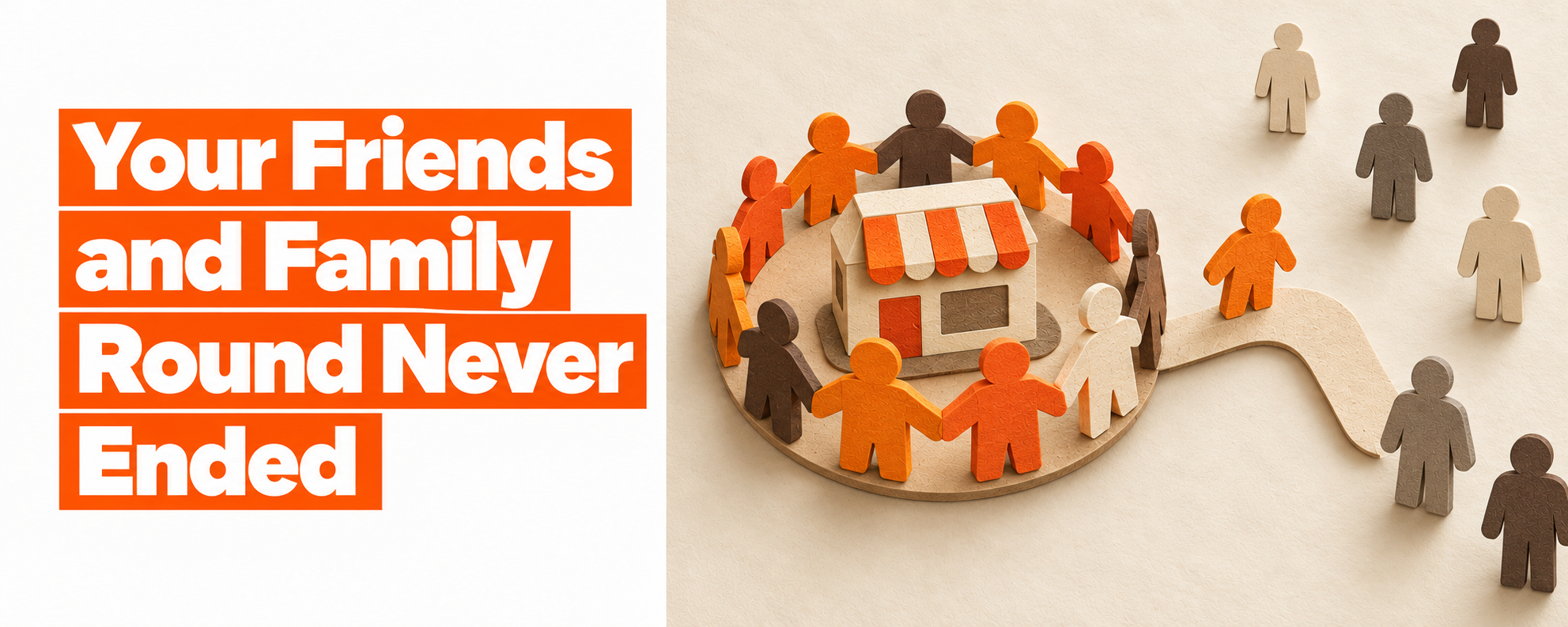Paper-cut figures encircle a small shop, with a path leading toward people outside the circle.